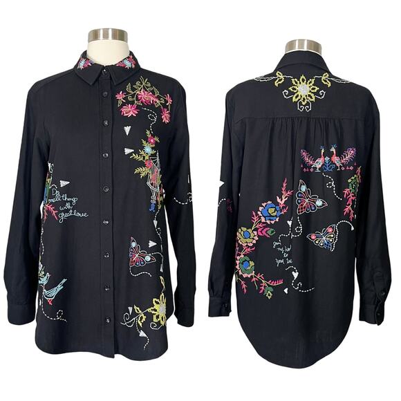 Anthropologie | Pilcro Embroidered Western Linen Black Needlepoint Button Down S - Picture 1 of 14